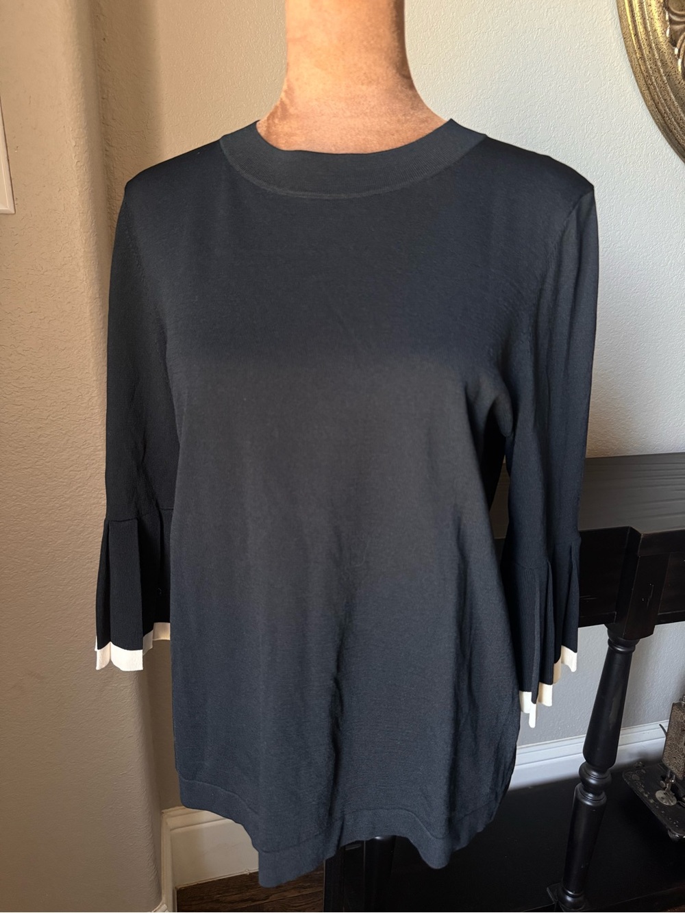 COS Black Knit Top White Pleated Bell 3/4 Sleeve Cuffs Minimalist S